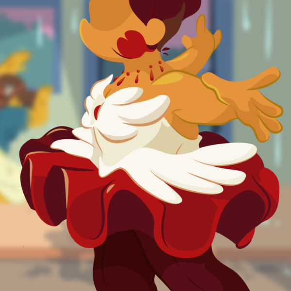 Gemini dressed in an ornate, feathered costume, races forward