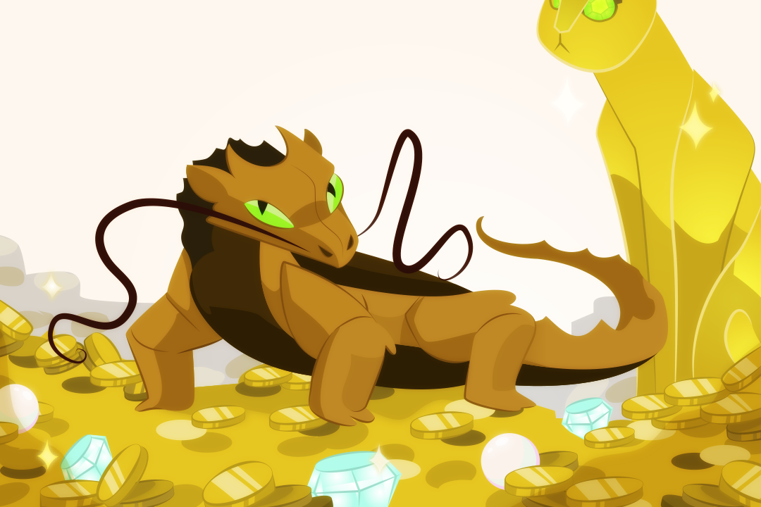 dragon sits atop a pile of coins