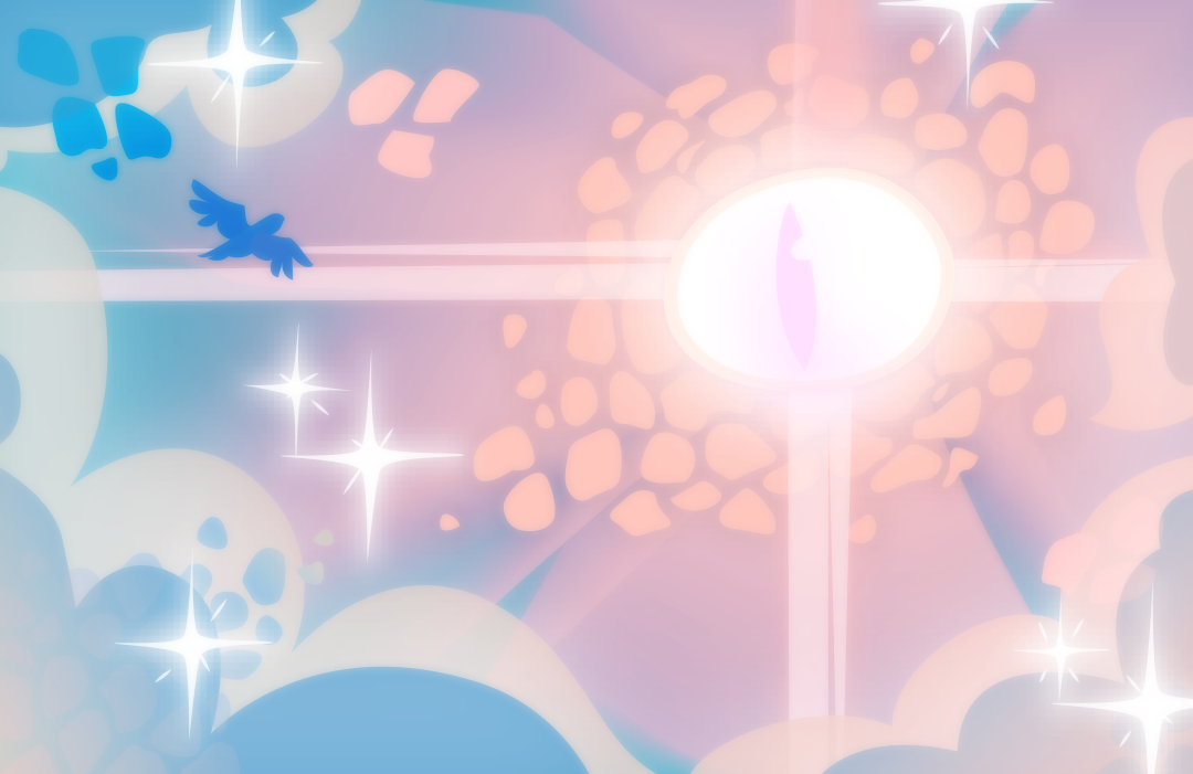 A view of a bright sky. Birds fly across fluffy clouds. Beyond, lies a shining eye instead of a sun. 