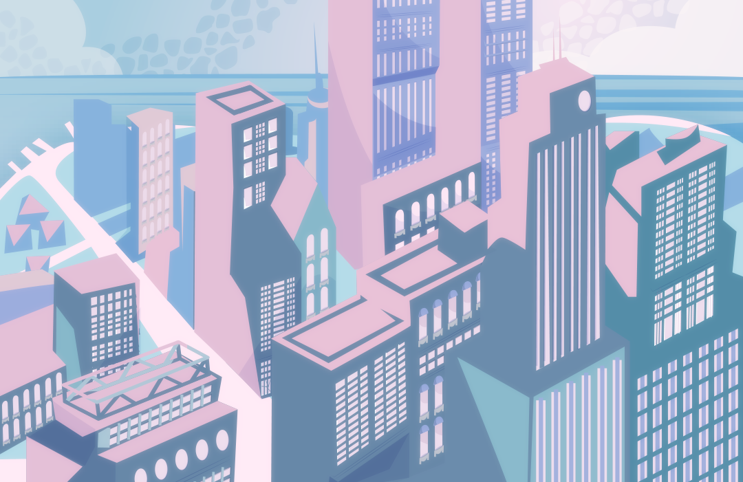 An overarching view of a large coastal city during the day. Snake scales can be seen along the skyline along with clouds. 