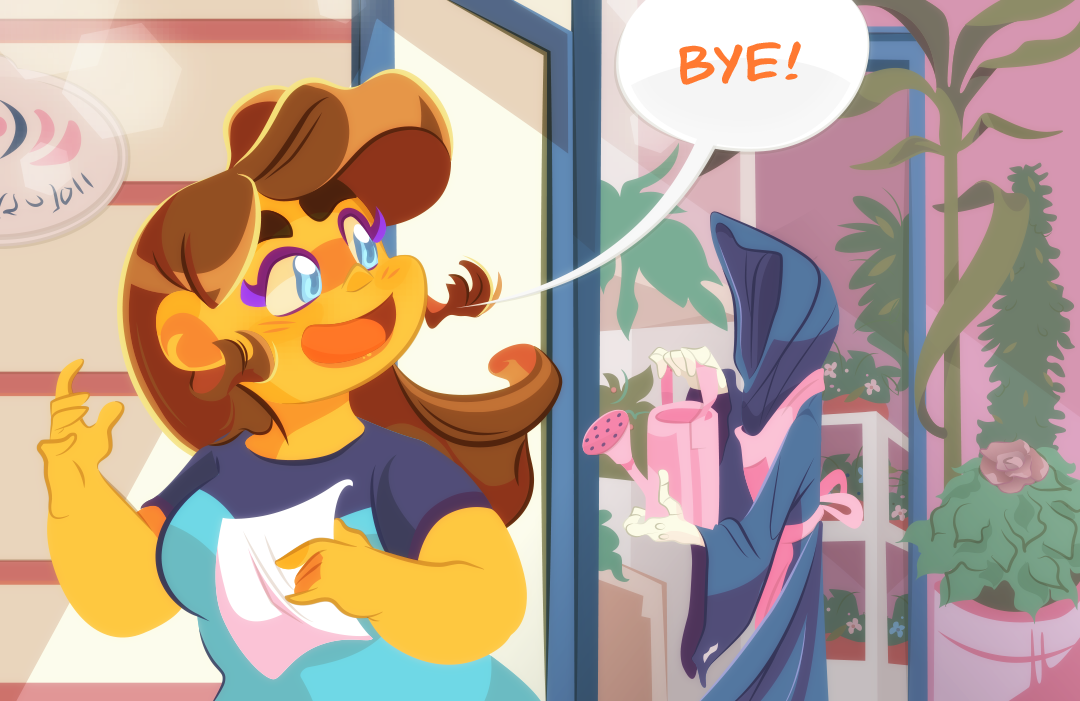 “Bye!” Gemini waves to a wraith clad in a dark robe and pink ribbon. Both stand in front of a flower shop with thriving plants.