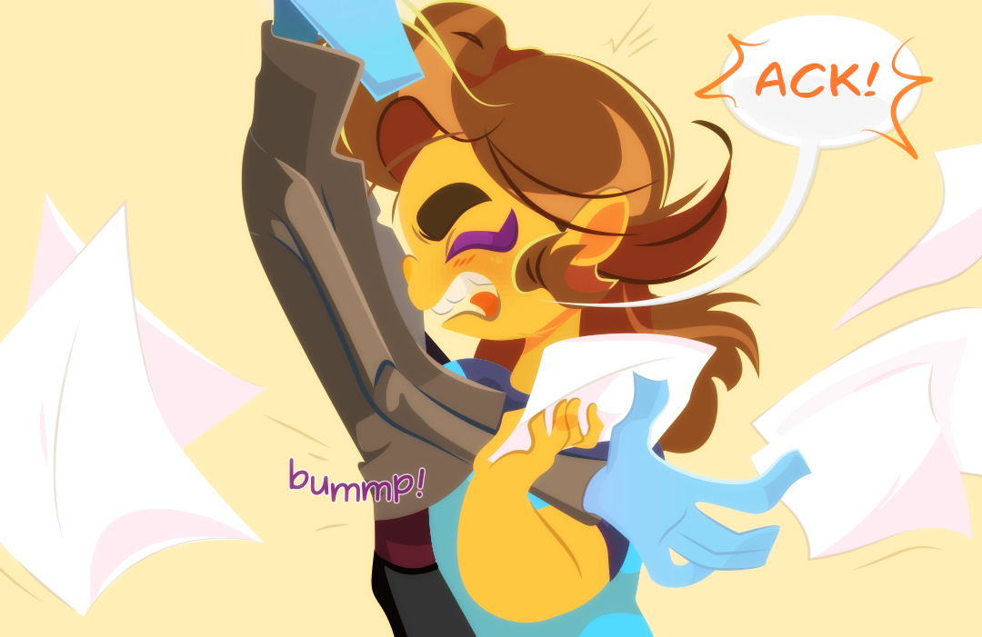 “ACK!” Gemini yelps as she runs into someone. Papers scatter.