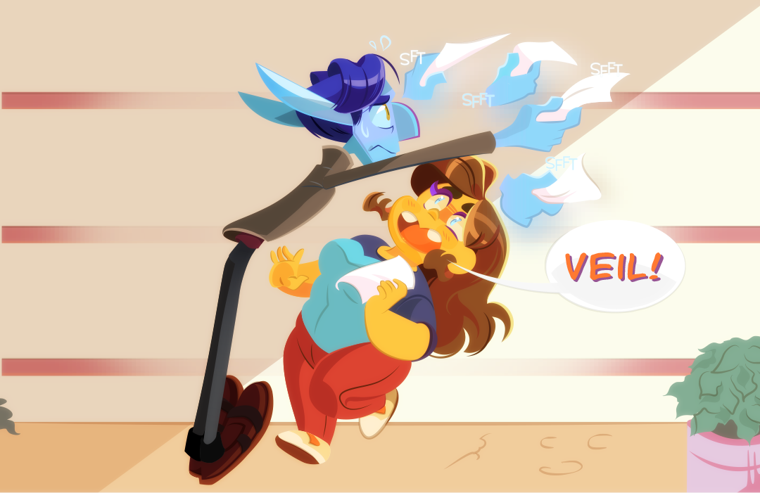 "Veil!?", Gemini yelps. Veil quickly plucks the papers from the air before they fall to the ground. 