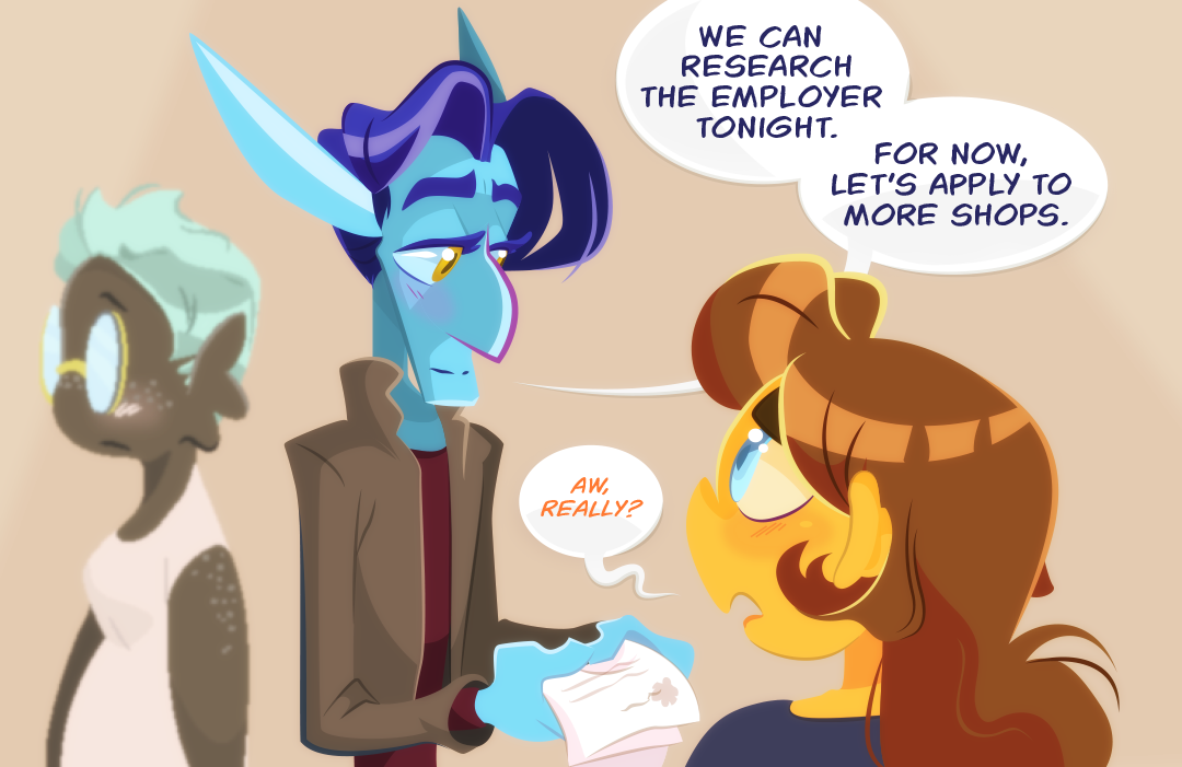 Veil looks kindly over the job applications as he and Gemini make their way through a crowd that includes a family of sirens and the occasional orc. “We can research the employer tonight. For now, let's apply to more shops.” Gemini pouts, "Aw. really?"