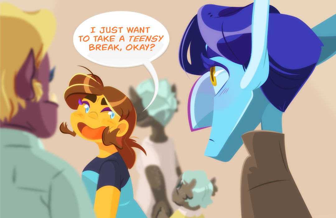 "I just want to take a teensy break, okay?", Gemini finishes as she moves deeper into the a group of pedestrians. 