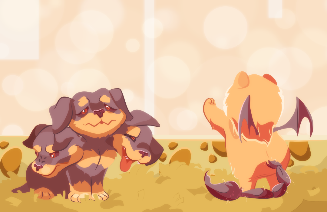 behind a shop window you can see mythical beasts sold as pets. A tiny cerberus pup plays with a small manticore
