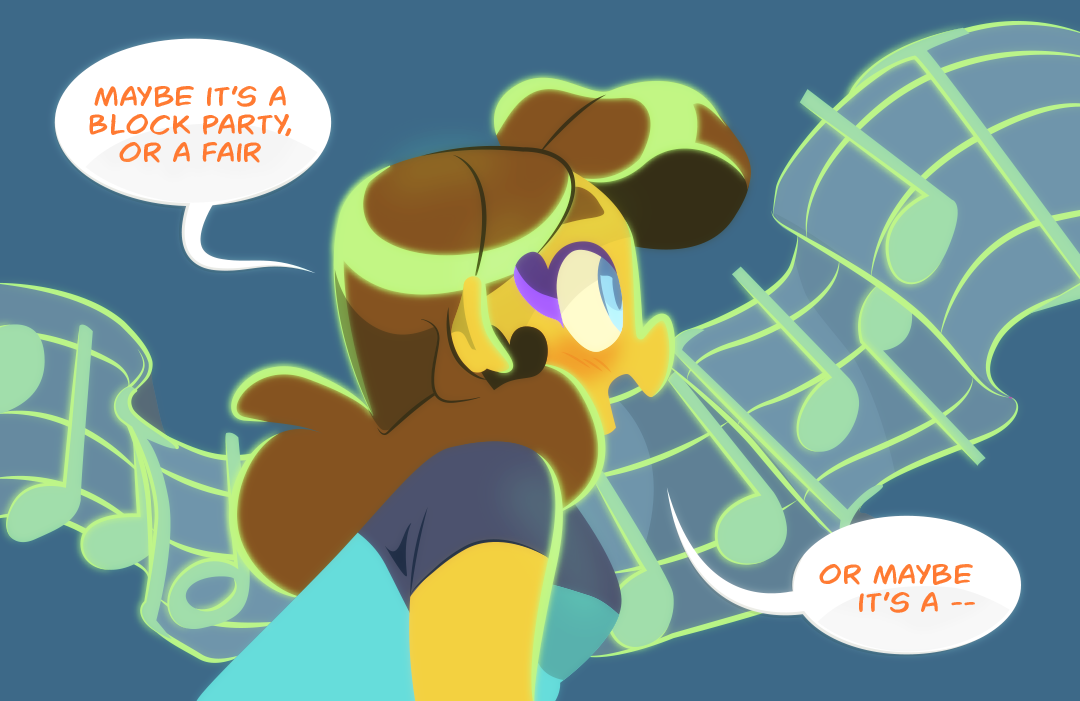 "Maybe it's a block party or a fair" Gemini wonders aloud, her eyes sparkle as the music continues to play a haunting melody, "Or maybe it's a ..."