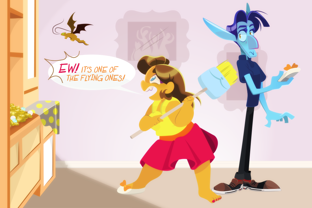 “Ew! It's one of the flying ones!”, gemini proclaims aloud. The dragon flitters about their abode.