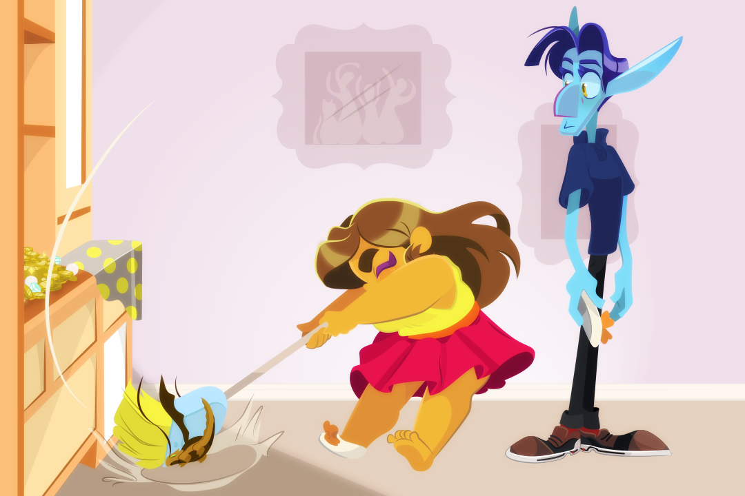 Gemini slams the small bug-like dragon to the floor using her broom. Veil watches, slipper in hand