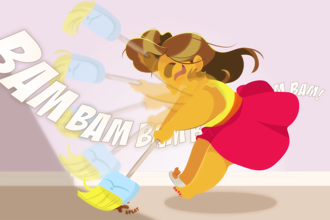 Bam! Gemini's broom crashes over the dragon. A small splat is heard. Bam Bam Bam Bam! Gemini slams her broom over and over again.