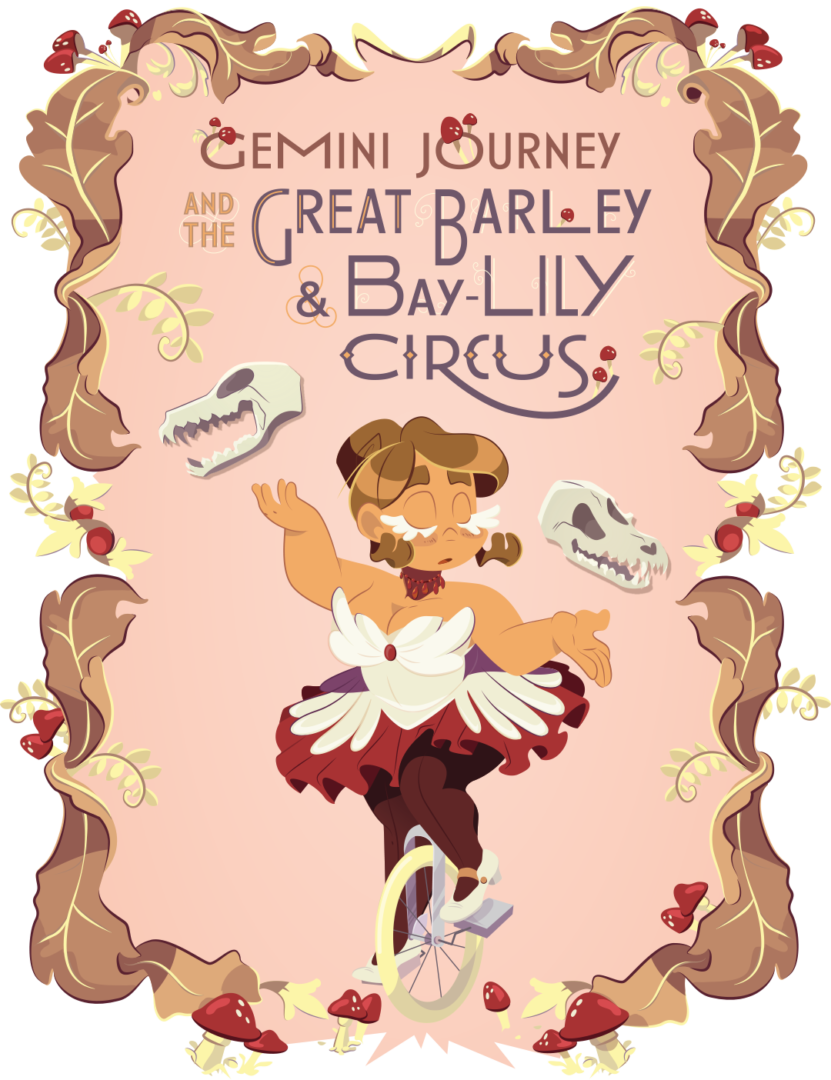 Gemini Journey and the Great Barley and Bay-Lily Circus Cover, featuring Gemini on a unicycle juggling two fox skulls.