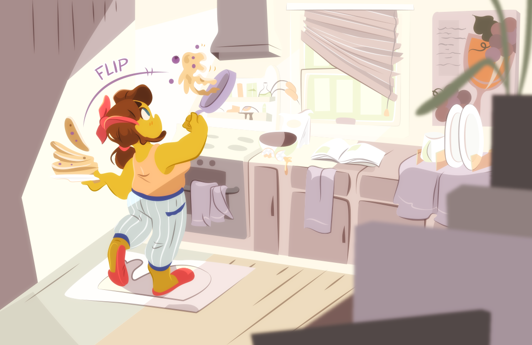 She flips the pancake expertly onto a stack.