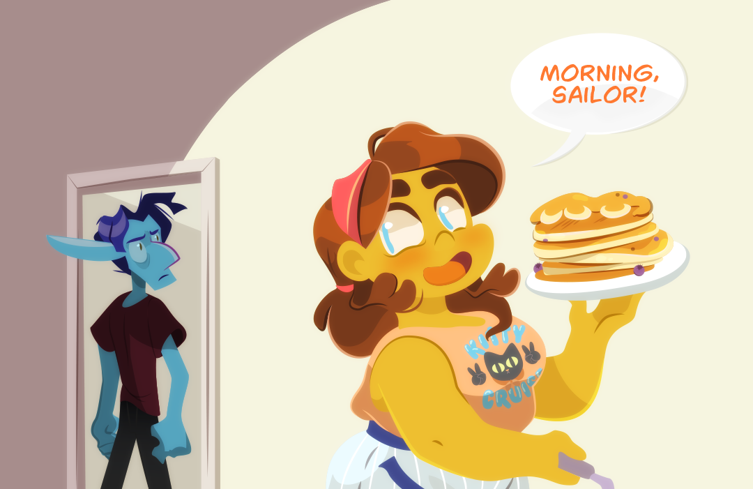 Veil, disheveled and upset, emerges into the kitchen. "Morning Sailor" Gemini calls to him while stacking pancakes onto a plate.