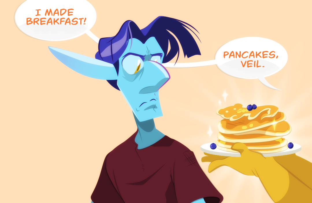 Veil stares at her angrily. "I made breakfast"< Gemini continues chippily. He stays silent, continuing to glare in her direction. "pancakes, Veil.", Gemini communicates.
