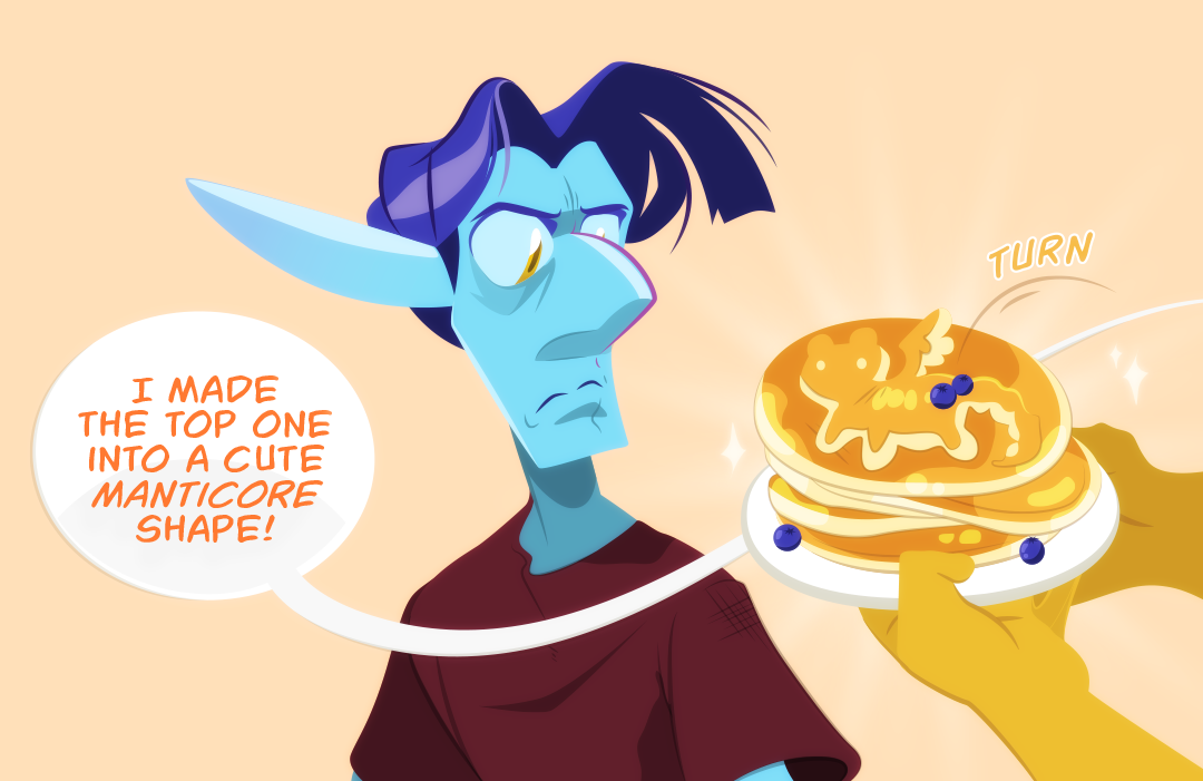 "I made the top one into a cute manticore shape!", Gemini continues and turns the dish slightly to show off the top-most pastry, which is shaped like a winged lion, topped with blueberry eyes.