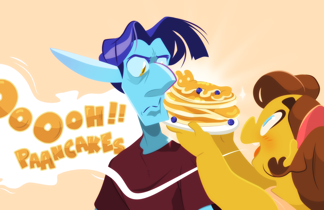 Ohhh Pancakes", she teases when Veil doesn't respond, and brings the stack closer to his lips.