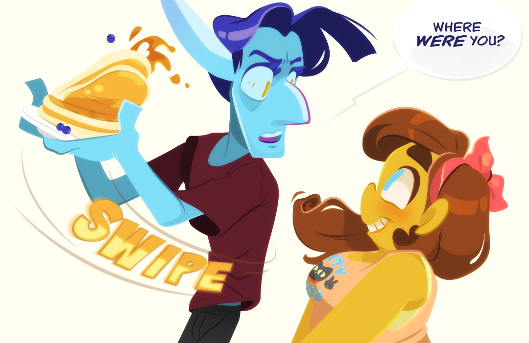 "Where were you", Veil interjects firmly, grabbing the plate from her. Gemini smiles blankly at him.