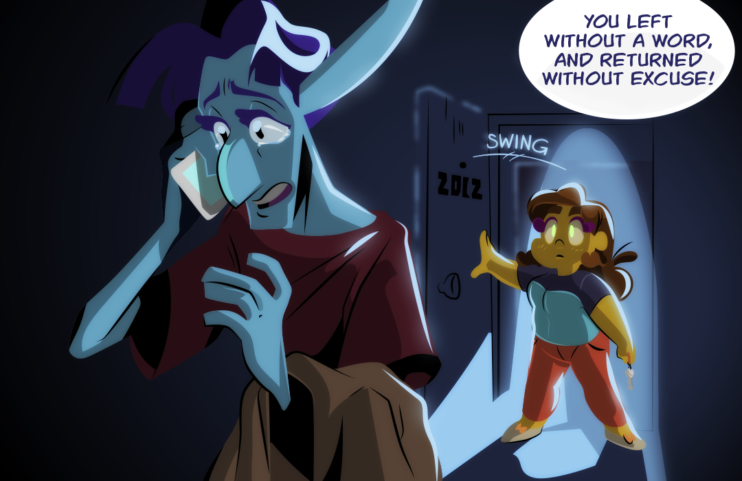 "You left without a word, and returned without excuse!", Veil continues, as he plays the scene in his mind. In his memory he lies alone in his apartment. It's dark, and moonlight spills into room. He remembers frantically calling for help, eyes wet with tears that have yet to spill over, before Gemini, eyes glazed over and discolored with an unnatural green glow, flams open the front door.