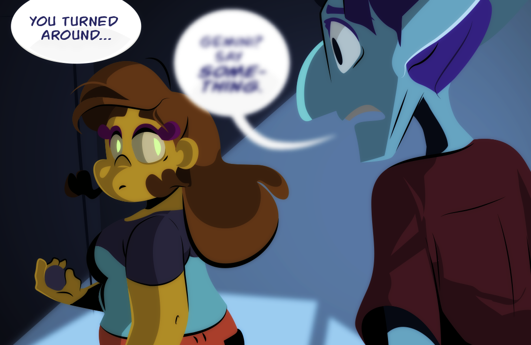 In his memories, Gemini continues to ignore him. "Gemini? Say something!", he pleads as she begins turning the knob to her bedroom. There Gemini finally turns around to face him, though her motions are stiff and wooden.