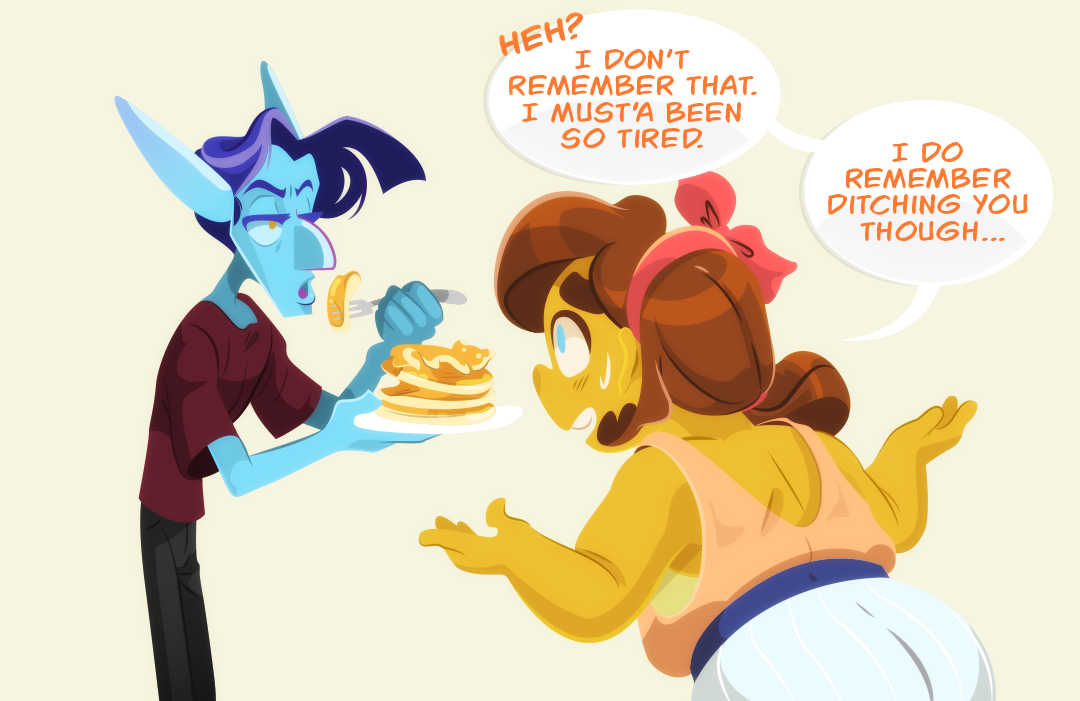 Veil, begins eating the pancakes he previously snatched away from Gemini. A frown still on his face. "huh? I don't remember that. I must've been so tired", Gemini replies. "I do remember ditching you though...", she admits.