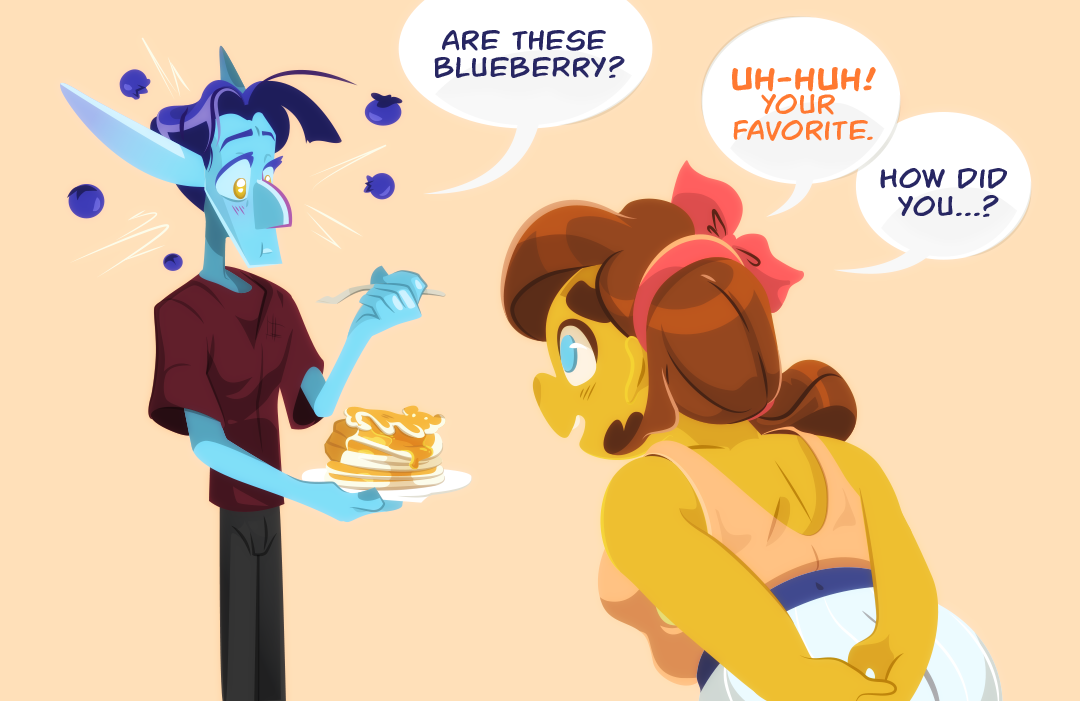 "Are these blueberries?", Veil asks while looking at the pancakes. "Uh-huh! Your favorite." Gemini admits. She places her hands behind her back, fiddling with her fingers nervously. "How would you...?", Veil questions.