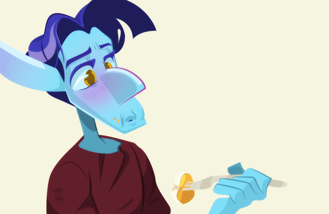 Veil stares at her quietly as his face flushes, frozen in mid-bite.