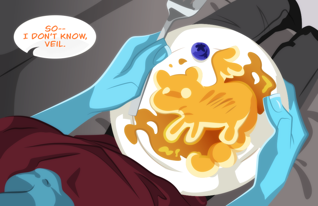 Moments pass and Veil and Gemini have moved from the kitchen to a communal living room. Veil has largely finished his plate, leaving only the manticore shaped pancake. "So -- I don't know, Veil", Gemini tries to explain what she remembers from the previous night. 