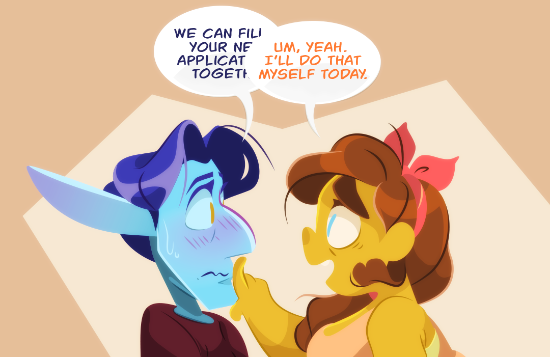 "We can fill your next application, together", Veil tries to push forward, before Gemini places a finger over his lips in an attempt to get him to pause. He blushes from the personal contact, but quiets. "Um. Yeah. I'll do that myself today.", Gemini says shakenly.