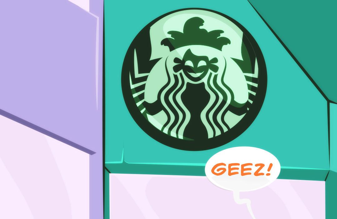 An hour passes, and Gemini is now leaving a coffee shop. The signage shines brightly revealing branding that resembles a green siren with two tails. "Gees!" Gemini says to no one in particular.