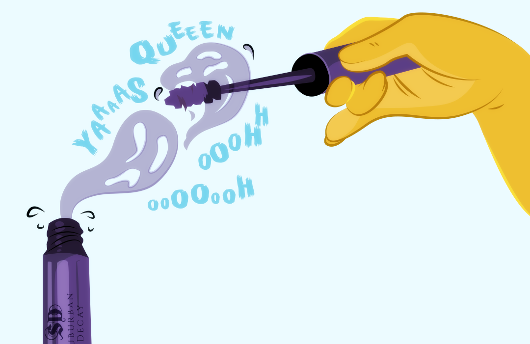 Gemini takes a mascara wand and dips it into a mascara bottle, releasing spirits. "yaaaas queen" and "oooh" are heard as the spirits are released from the bottle of mascara.