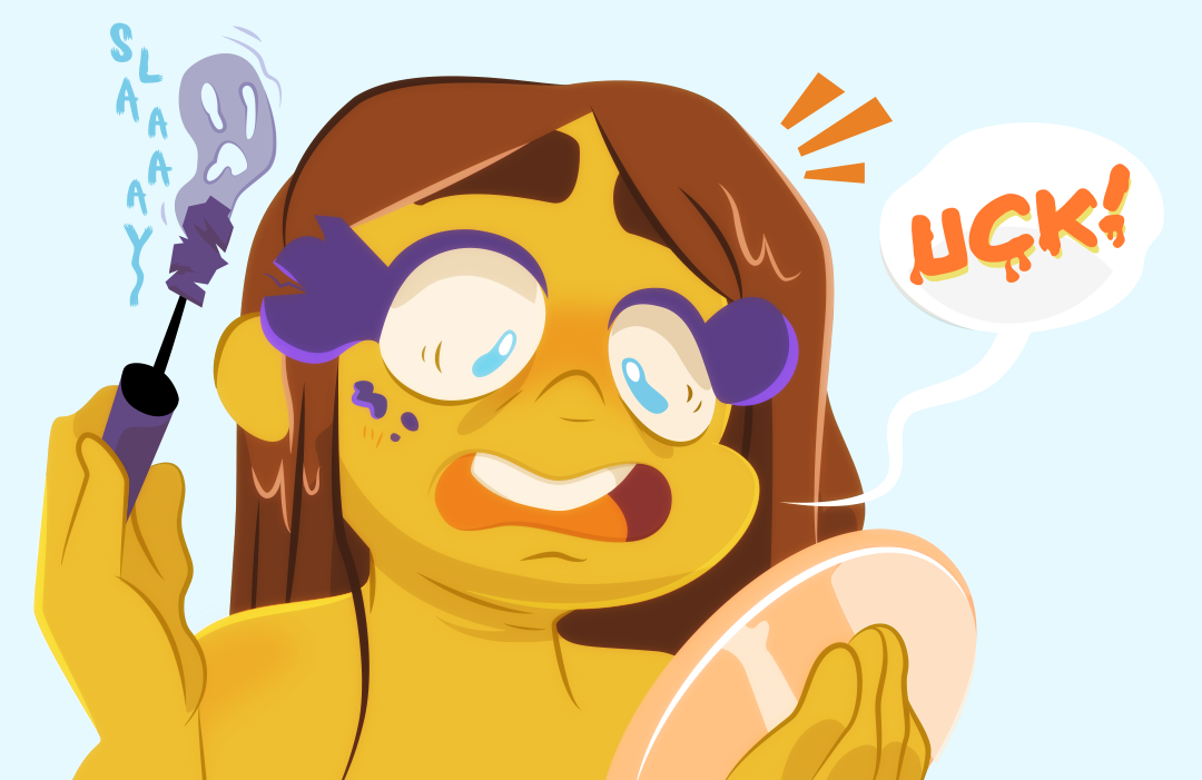 "Ack!", Gemini squeals as her hand slips and smudges against her cheek.  