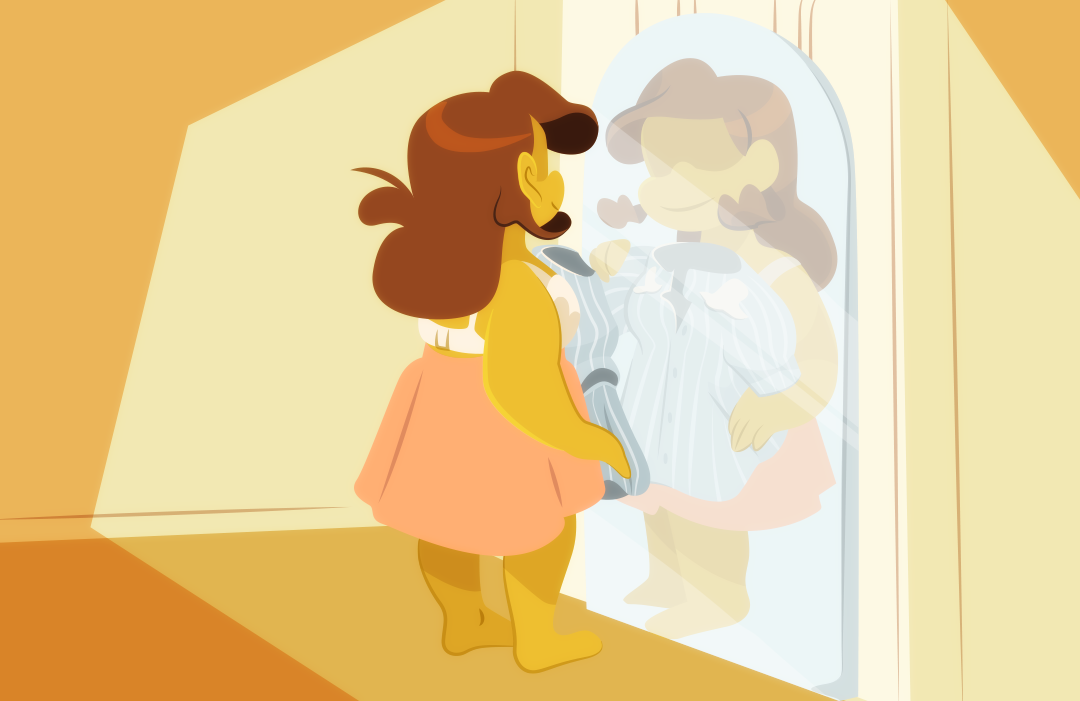 A few minutes pass. Gemini takes a breather and looks over an outfit. 