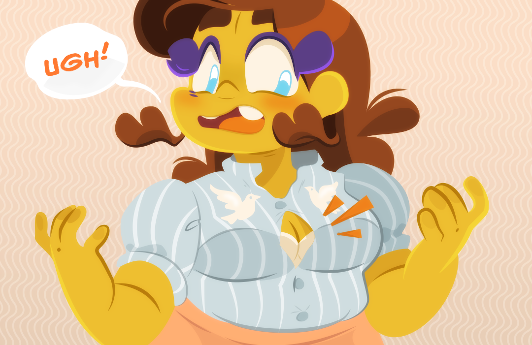 "Ugh", Gemini mumbles. Her shirt strains against the buttons. She decides to change into another shirt. 