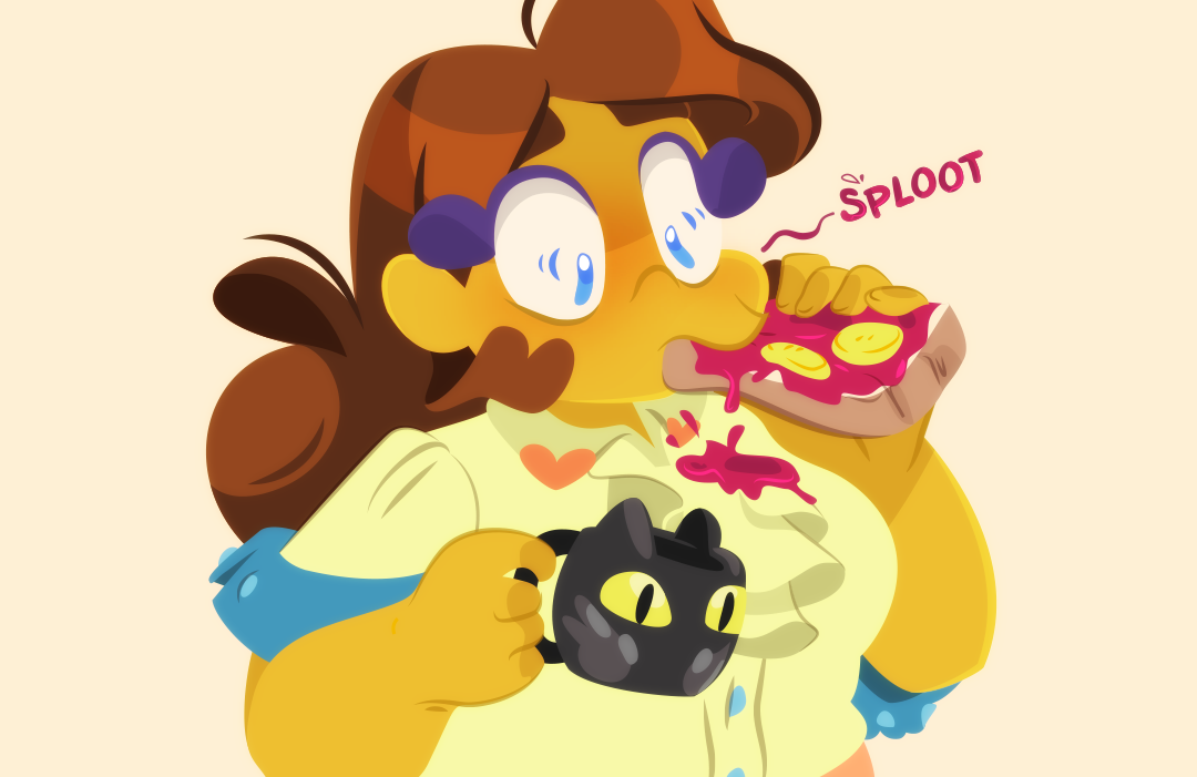 After taking a moment to look at the time, she takes a larger bite of her toast. A portion of jelly lands on the light yellow of her shirt. Her pupils shrink in horror as the stain settles of her blouse. 