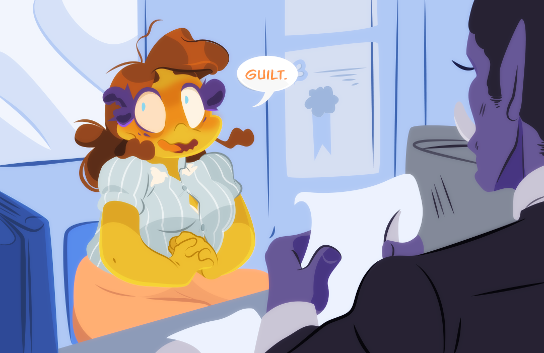 "...Guilt" she finishes nervously. She fidgets in her seat, with the realization she is bombing the interview. The employer remains silent. 