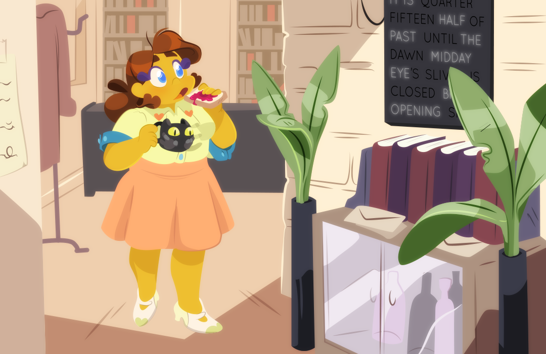 More minutes pass and Gemini finishes a piece of toast with jelly and banana slices. She walks towards the door, interview ready. 