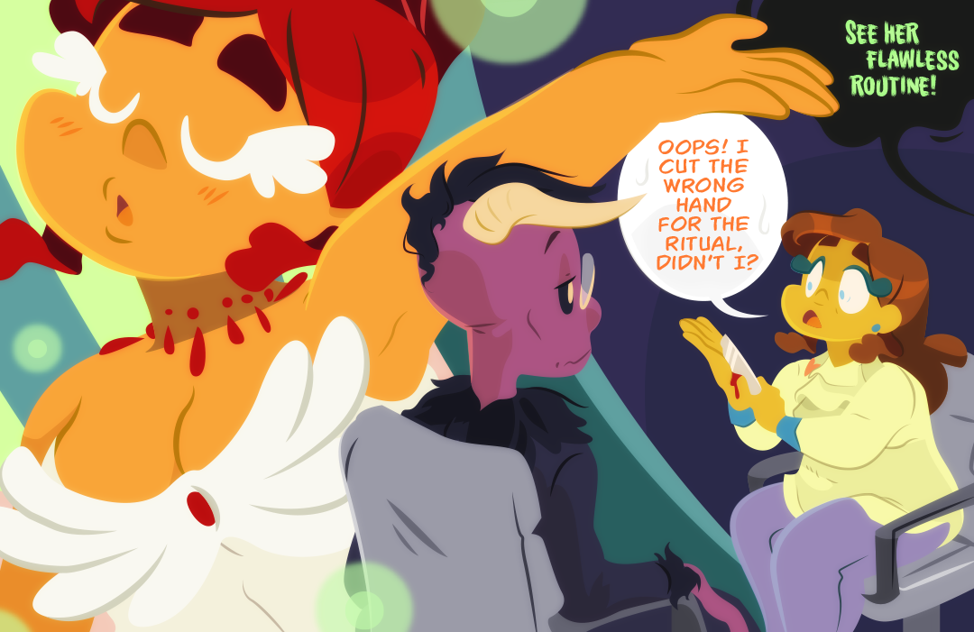 Gemini, inside the stage, continues to gain admiration and seems confident and assured. In juxtaposition, Gemini in another interview with another employer, who happens to be a demon, seems confused and unsure. "Oops! I cut the wrong hand for the ritual, didn't I?", she asks. The demon interviewer looks in disappointment. The voice of the ringleaders is overheard, "See her flawless routine"