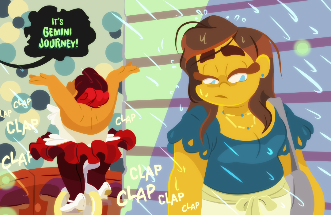 "Its Gemini Journey!", the circus ringleaders shout, and a myriad of onlookers from the crowd clap and cheer and give praise. What feels at the same time, Gemini, dressed in semiprofessional garb, walks down an alleyway, disheveled, and wet from the rain. 