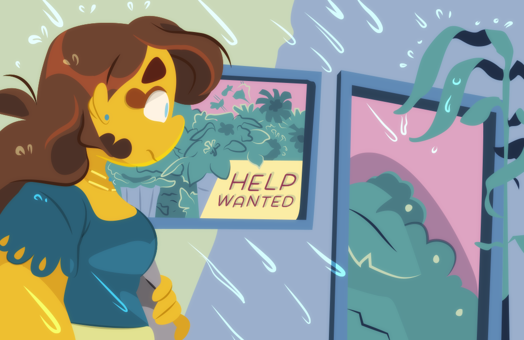 The spotted memories of success and fame in the dress of circus attire play in Gemini's head as it contrasts with her immediate reality. She continues walking in the rain, letting the drops hit her head and thoroughly soak her as she slowly walks home. Moments pass and she passes the familiar site of a flower shop, the same one owned by the wraith shopkeeper. The help wanted sign placed  neatly at the window.