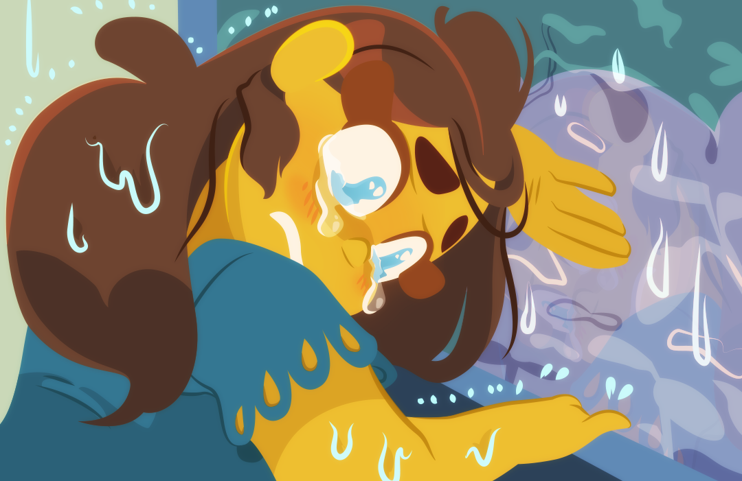 In embarrasement, Gemini ducks her head down, below the windowsil. The flowers behind the glass help shelter her from view, as she cries quietly to herself. 