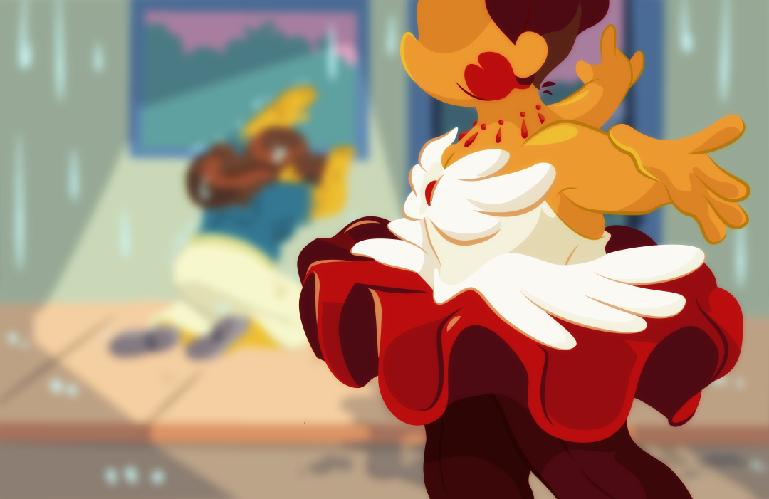 The scene blurs from view. Gemini, in full feathered costume, moves past the scene and pushes the viewer into a different fantastical reality.  