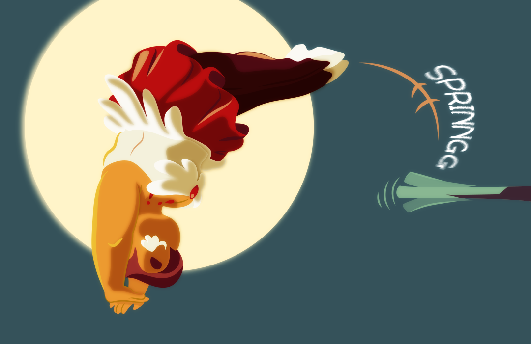 Circus Gemini jumps from a springboard high in the air. A slpotlight follow her as she descents. 