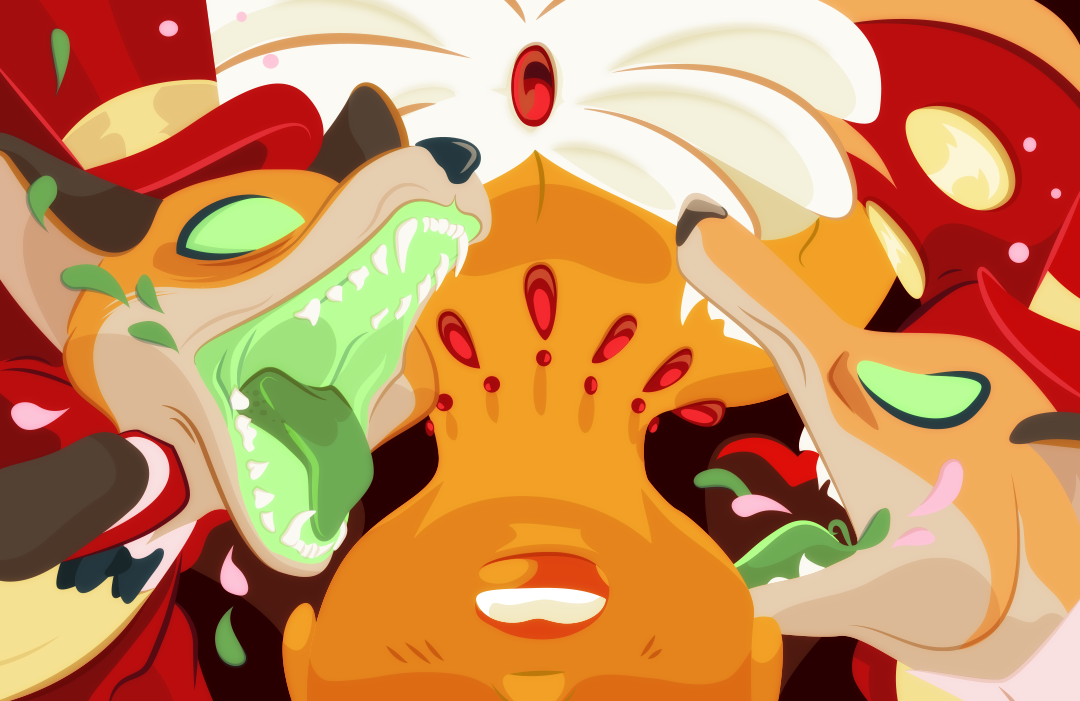 Barley and Bay-Lilly move their jaws closer to circus Gemini neckline. Flower petals escape from their open mouths and falls around them. 