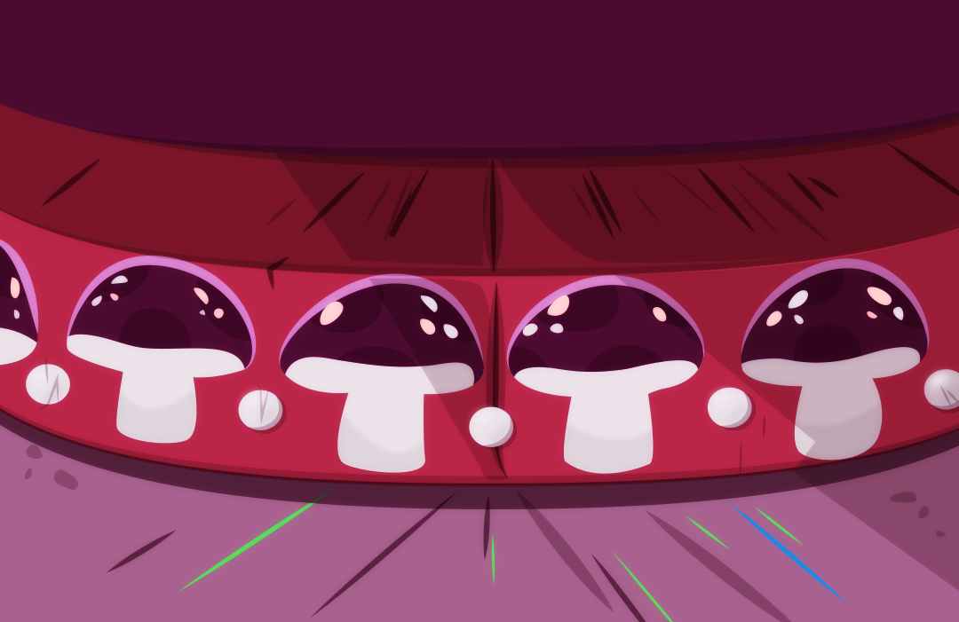 From Gemini's point of view, she sees the circus ring blocks with distinct toadstool mushroom pattern...
