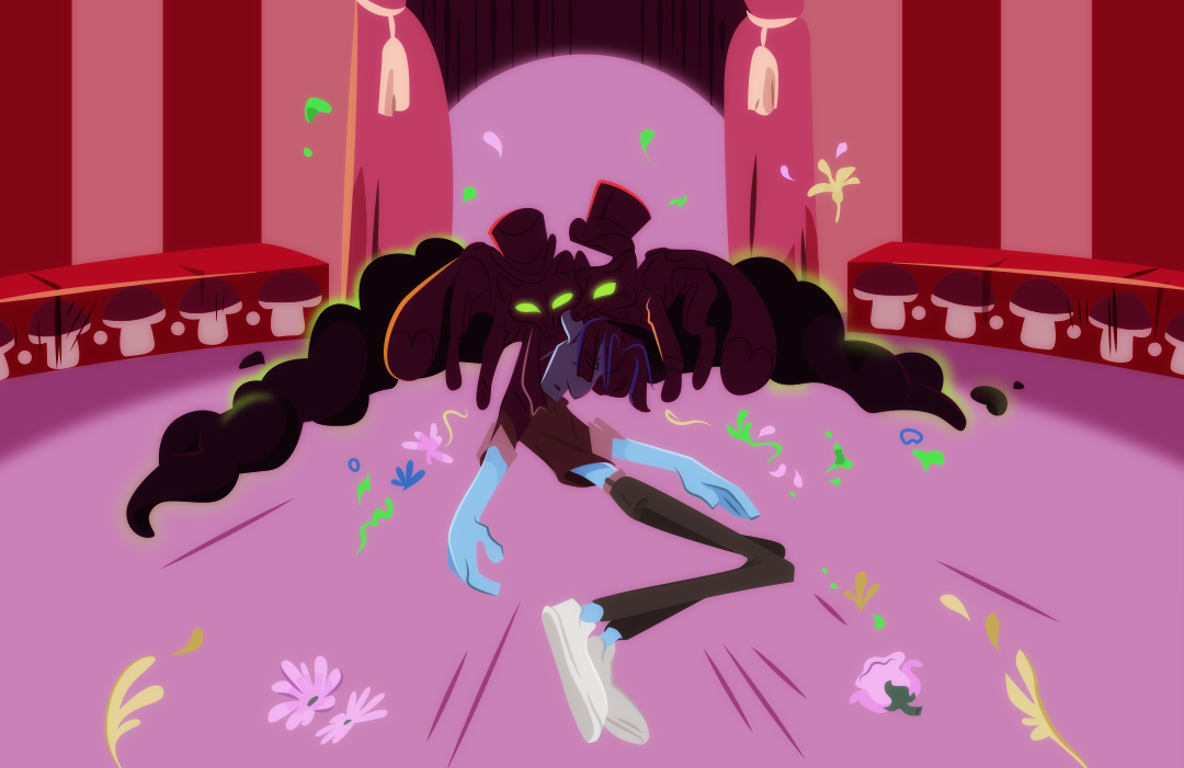 Gemini looks further into the ring. She sees an unconscious Veil in the middle. Barley and Bay-Lily have arrived in a rolling dark fog from backstage. Baerley has his jaw clenched into Veil's shirt collar, and has dragged him further into the stage.