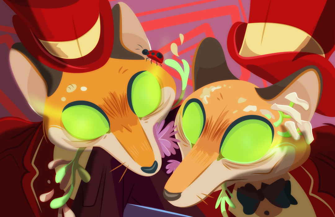 A close-up of Barley and Bay-lily reveals they look gaunt and decrepit. Mushrooms, mold, flowers, and bugs sprout from their fur. Flowers drip from their mouths.