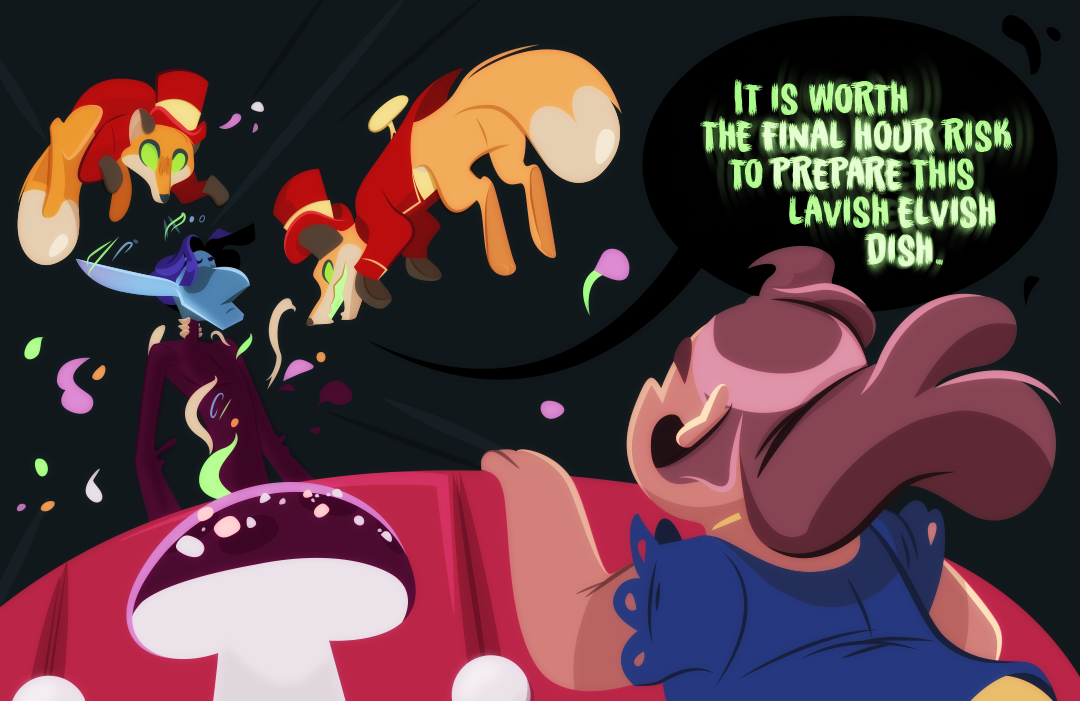 "It is worth the final hour risk to prepare this lavish elvish dish." Barley says. Gemini peers over the circus ring blocks to see Barley & Bay-Lily using their magic to trance and transform Veil.