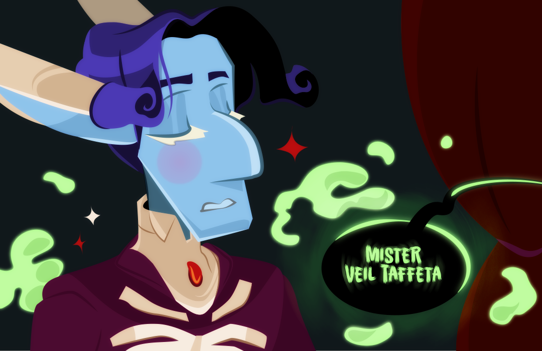 "Mister Veil Taffeta." Veil is now made up in circus garb. His eyes, now with white eyelashes, are closed. His cheeks are painted round and rosy, his bangs curl at the tips, he is in a mauve and bone white outfit.