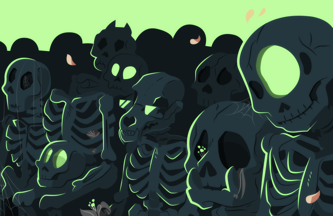 The light of the manticore's fire reveals the ghoulish skeletal remains of the audience Gemini had once thought were alive. The amount of cobwebs and plant growth suggest they have been dead for some time.