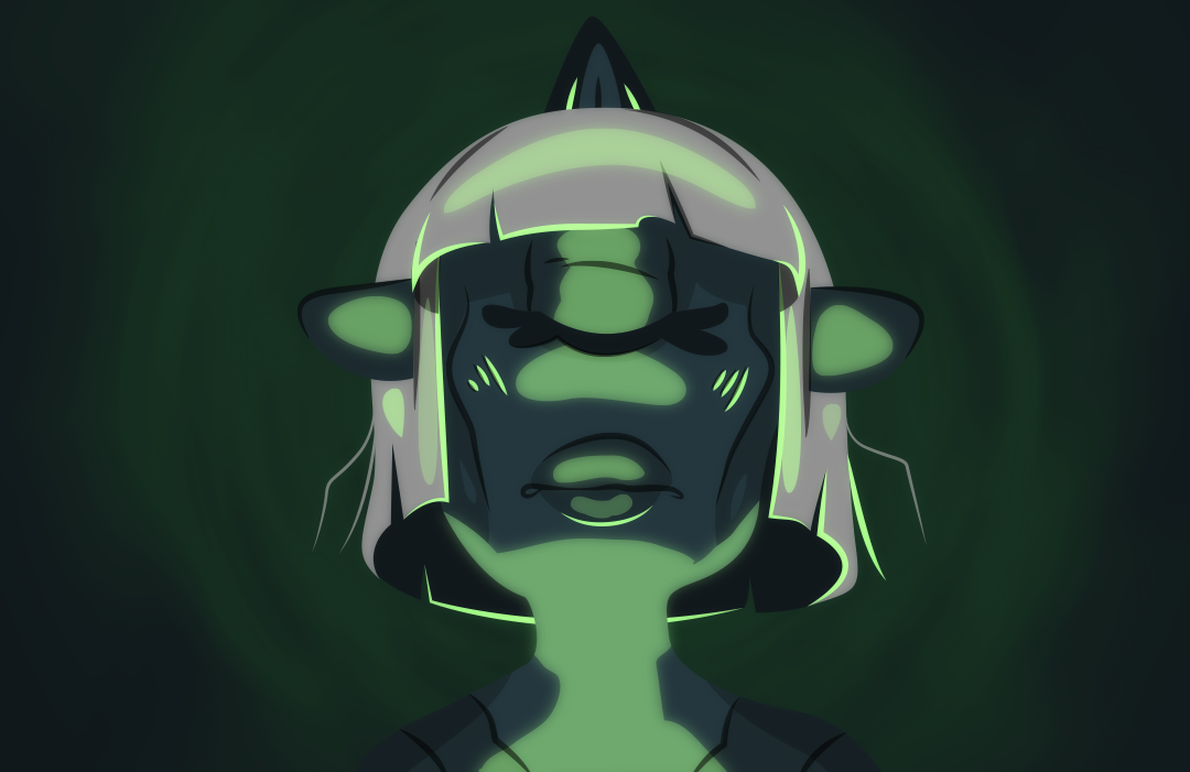 Though she stands upright, the cyclops looks cadaverous. Her eyes are closed and lips pursed.